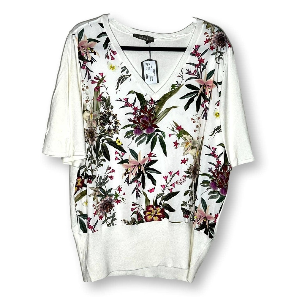 NWOT Oasis Short Flutter Sleeve Floral White Top XXL